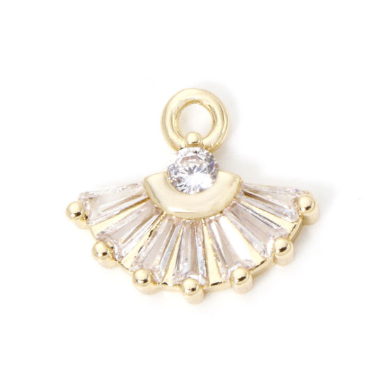 Picture of 2 PCs Brass & Glass Charms 18K Gold Plated Fan-shaped Clear Rhinestone 14mm x 13mm