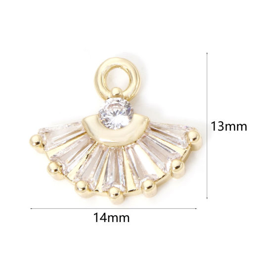 Picture of 2 PCs Brass & Glass Charms 18K Gold Plated Fan-shaped Clear Rhinestone 14mm x 13mm