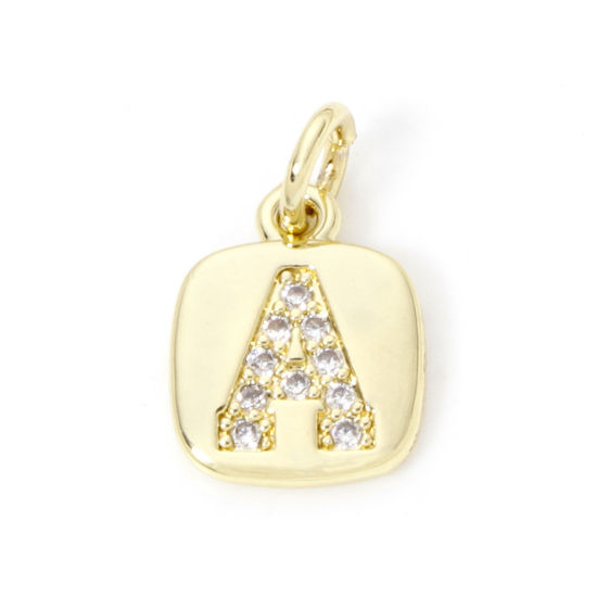 Image de 2 Pcs Breloques en Laiton Respectueux de la Nature Carré Plaqué Or Véritable 18K Alphabet Initial/ Lettre Majuscule Mots" A " Micro Pave à Zircone Cubique Clair 15mm x 9mm