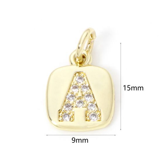 Image de 2 Pcs Breloques en Laiton Respectueux de la Nature Carré Plaqué Or Véritable 18K Alphabet Initial/ Lettre Majuscule Mots" A " Micro Pave à Zircone Cubique Clair 15mm x 9mm