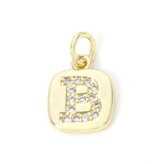 Image de 2 Pcs Breloques en Laiton Respectueux de la Nature Carré Plaqué Or Véritable 18K Alphabet Initial/ Lettre Majuscule Mots" B " Micro Pave à Zircone Cubique Clair 15mm x 9mm