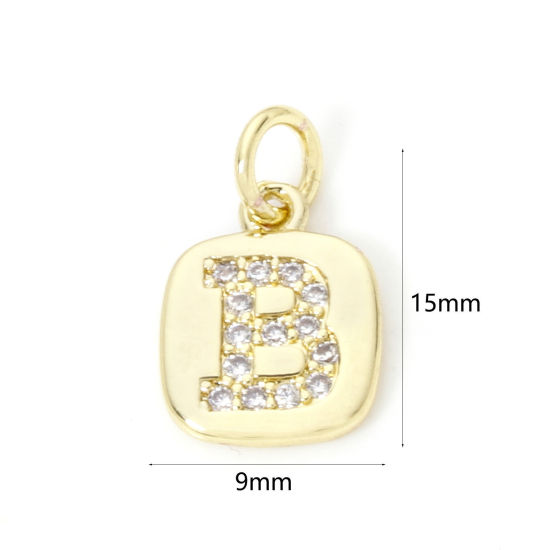 Image de 2 Pcs Breloques en Laiton Respectueux de la Nature Carré Plaqué Or Véritable 18K Alphabet Initial/ Lettre Majuscule Mots" B " Micro Pave à Zircone Cubique Clair 15mm x 9mm