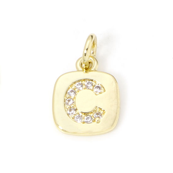 Image de 2 Pcs Breloques en Laiton Respectueux de la Nature Carré Plaqué Or Véritable 18K Alphabet Initial/ Lettre Majuscule Mots" C " Micro Pave à Zircone Cubique Clair 15mm x 9mm