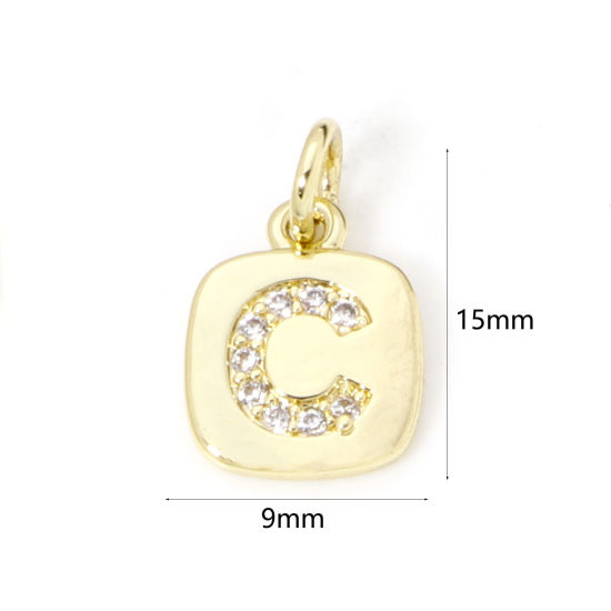 Image de 2 Pcs Breloques en Laiton Respectueux de la Nature Carré Plaqué Or Véritable 18K Alphabet Initial/ Lettre Majuscule Mots" C " Micro Pave à Zircone Cubique Clair 15mm x 9mm