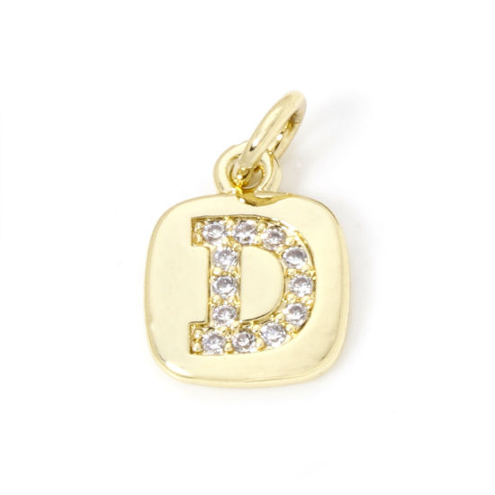 Image de 2 Pcs Breloques en Laiton Respectueux de la Nature Carré Plaqué Or Véritable 18K Alphabet Initial/ Lettre Majuscule Mots" D " Micro Pave à Zircone Cubique Clair 15mm x 9mm