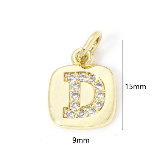 Image de 2 Pcs Breloques en Laiton Respectueux de la Nature Carré Plaqué Or Véritable 18K Alphabet Initial/ Lettre Majuscule Mots" D " Micro Pave à Zircone Cubique Clair 15mm x 9mm
