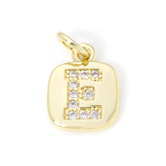 Image de 2 Pcs Breloques en Laiton Respectueux de la Nature Carré Plaqué Or Véritable 18K Alphabet Initial/ Lettre Majuscule Mots" E " Micro Pave à Zircone Cubique Clair 15mm x 9mm