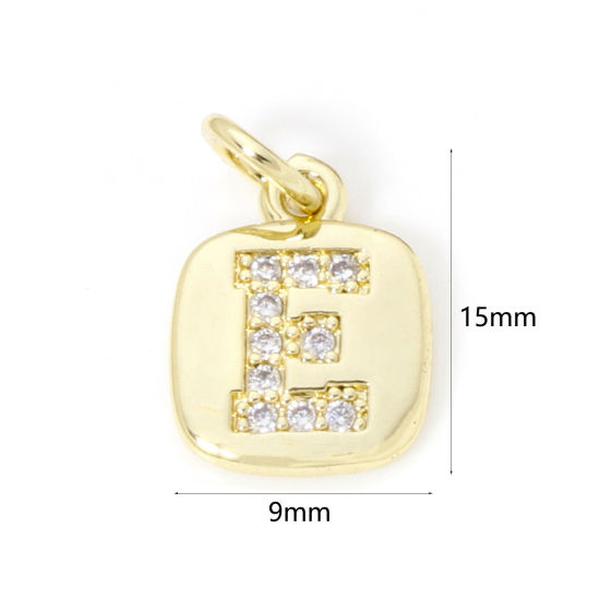 Image de 2 Pcs Breloques en Laiton Respectueux de la Nature Carré Plaqué Or Véritable 18K Alphabet Initial/ Lettre Majuscule Mots" E " Micro Pave à Zircone Cubique Clair 15mm x 9mm