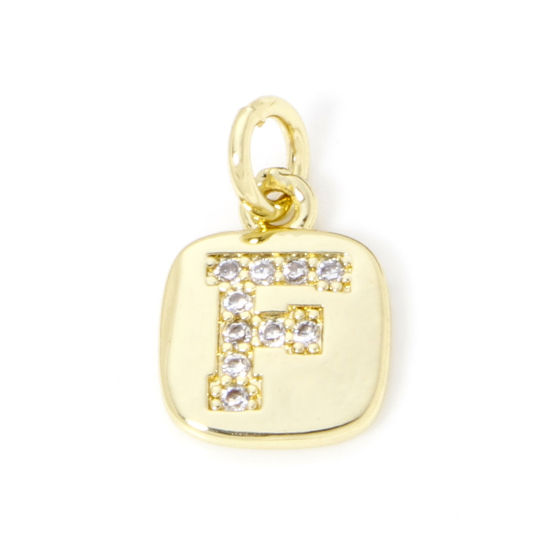 Image de 2 Pcs Breloques en Laiton Respectueux de la Nature Carré Plaqué Or Véritable 18K Alphabet Initial/ Lettre Majuscule Mots" F " Micro Pave à Zircone Cubique Clair 15mm x 9mm