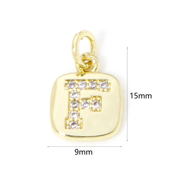 Image de 2 Pcs Breloques en Laiton Respectueux de la Nature Carré Plaqué Or Véritable 18K Alphabet Initial/ Lettre Majuscule Mots" F " Micro Pave à Zircone Cubique Clair 15mm x 9mm