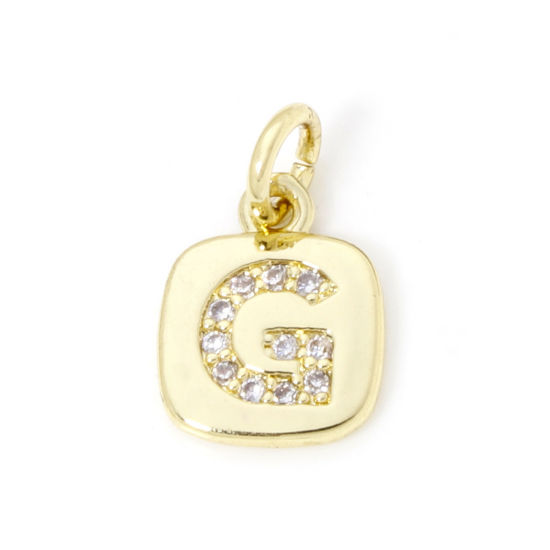 Image de 2 Pcs Breloques en Laiton Respectueux de la Nature Carré Plaqué Or Véritable 18K Alphabet Initial/ Lettre Majuscule Mots" G " Micro Pave à Zircone Cubique Clair 15mm x 9mm