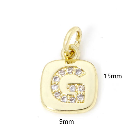 Image de 2 Pcs Breloques en Laiton Respectueux de la Nature Carré Plaqué Or Véritable 18K Alphabet Initial/ Lettre Majuscule Mots" G " Micro Pave à Zircone Cubique Clair 15mm x 9mm