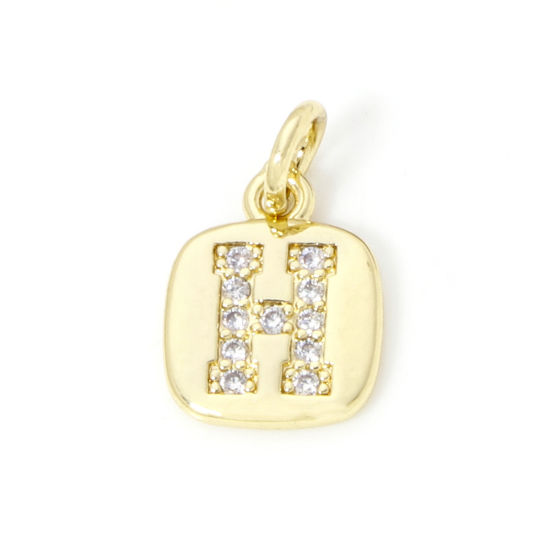 Image de 2 Pcs Breloques en Laiton Respectueux de la Nature Carré Plaqué Or Véritable 18K Alphabet Initial/ Lettre Majuscule Mots" H " Micro Pave à Zircone Cubique Clair 15mm x 9mm