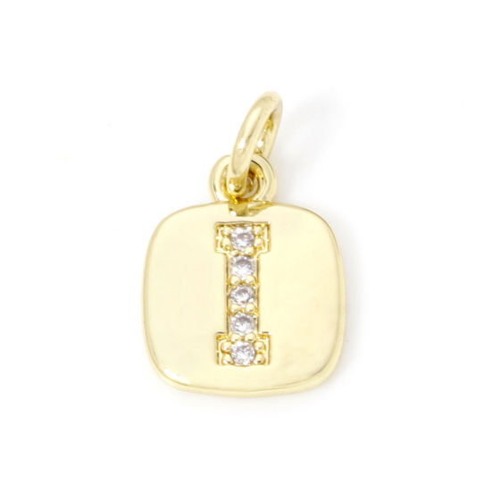 Image de 2 Pcs Breloques en Laiton Respectueux de la Nature Carré Plaqué Or Véritable 18K Alphabet Initial/ Lettre Majuscule Mots" I " Micro Pave à Zircone Cubique Clair 15mm x 9mm