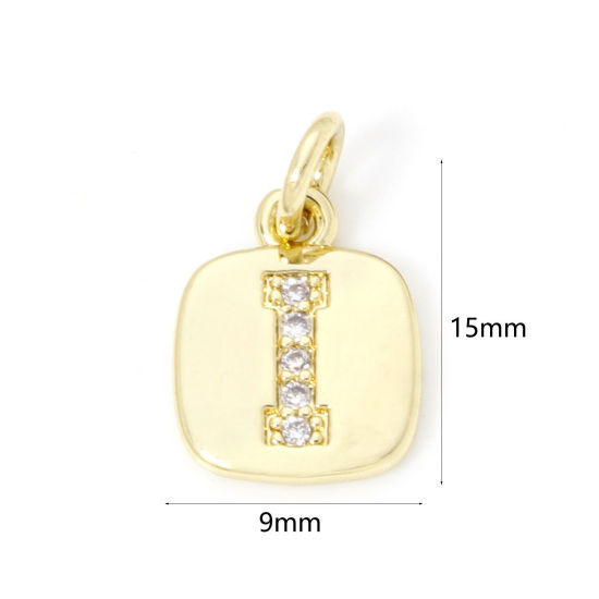 Image de 2 Pcs Breloques en Laiton Respectueux de la Nature Carré Plaqué Or Véritable 18K Alphabet Initial/ Lettre Majuscule Mots" I " Micro Pave à Zircone Cubique Clair 15mm x 9mm