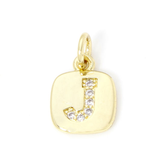 Image de 2 Pcs Breloques en Laiton Respectueux de la Nature Carré Plaqué Or Véritable 18K Alphabet Initial/ Lettre Majuscule Mots" J " Micro Pave à Zircone Cubique Clair 15mm x 9mm