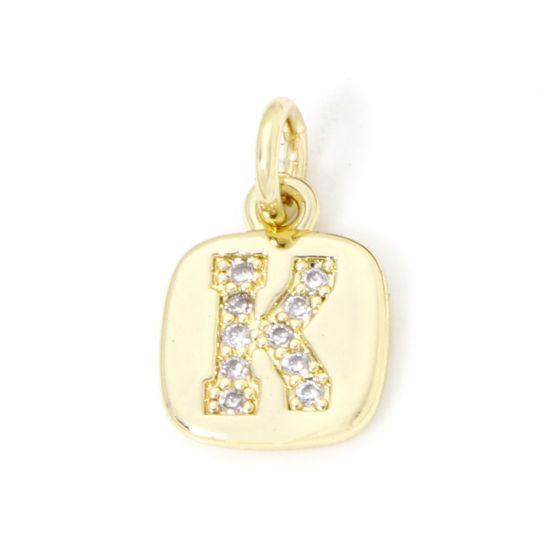 Image de 2 Pcs Breloques en Laiton Respectueux de la Nature Carré Plaqué Or Véritable 18K Alphabet Initial/ Lettre Majuscule Mots" K " Micro Pave à Zircone Cubique Clair 15mm x 9mm