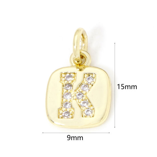 Image de 2 Pcs Breloques en Laiton Respectueux de la Nature Carré Plaqué Or Véritable 18K Alphabet Initial/ Lettre Majuscule Mots" K " Micro Pave à Zircone Cubique Clair 15mm x 9mm