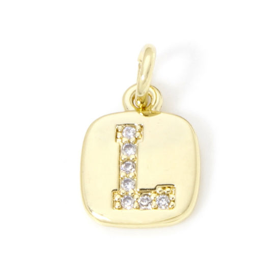 Image de 2 Pcs Breloques en Laiton Respectueux de la Nature Carré Plaqué Or Véritable 18K Alphabet Initial/ Lettre Majuscule Mots" L " Micro Pave à Zircone Cubique Clair 15mm x 9mm