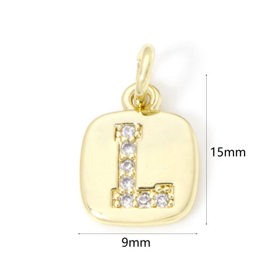 Image de 2 Pcs Breloques en Laiton Respectueux de la Nature Carré Plaqué Or Véritable 18K Alphabet Initial/ Lettre Majuscule Mots" L " Micro Pave à Zircone Cubique Clair 15mm x 9mm