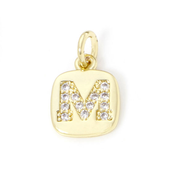 Image de 2 Pcs Breloques en Laiton Respectueux de la Nature Carré Plaqué Or Véritable 18K Alphabet Initial/ Lettre Majuscule Mots" M " Micro Pave à Zircone Cubique Clair 15mm x 9mm