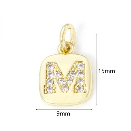 Image de 2 Pcs Breloques en Laiton Respectueux de la Nature Carré Plaqué Or Véritable 18K Alphabet Initial/ Lettre Majuscule Mots" M " Micro Pave à Zircone Cubique Clair 15mm x 9mm
