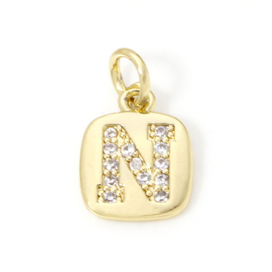 Image de 2 Pcs Breloques en Laiton Respectueux de la Nature Carré Plaqué Or Véritable 18K Alphabet Initial/ Lettre Majuscule Mots" N " Micro Pave à Zircone Cubique Clair 15mm x 9mm