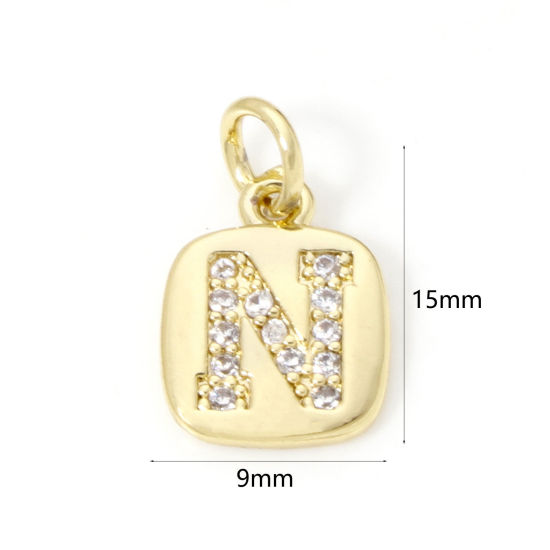 Image de 2 Pcs Breloques en Laiton Respectueux de la Nature Carré Plaqué Or Véritable 18K Alphabet Initial/ Lettre Majuscule Mots" N " Micro Pave à Zircone Cubique Clair 15mm x 9mm