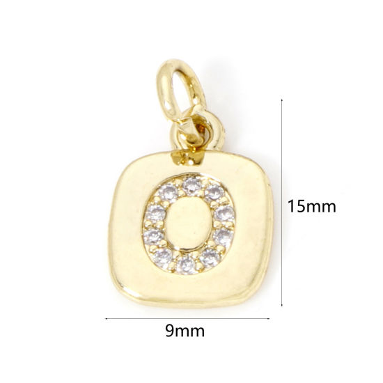 Image de 2 Pcs Breloques en Laiton Respectueux de la Nature Carré Plaqué Or Véritable 18K Alphabet Initial/ Lettre Majuscule Mots" O " Micro Pave à Zircone Cubique Clair 15mm x 9mm