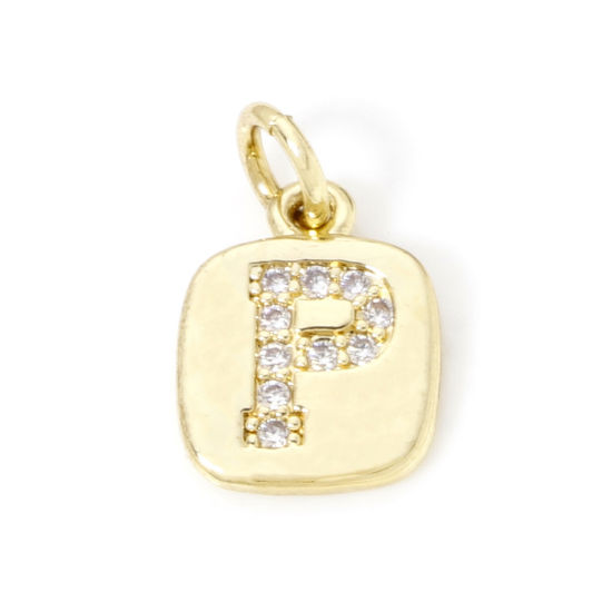 Image de 2 Pcs Breloques en Laiton Respectueux de la Nature Carré Plaqué Or Véritable 18K Alphabet Initial/ Lettre Majuscule Mots" P " Micro Pave à Zircone Cubique Clair 15mm x 9mm