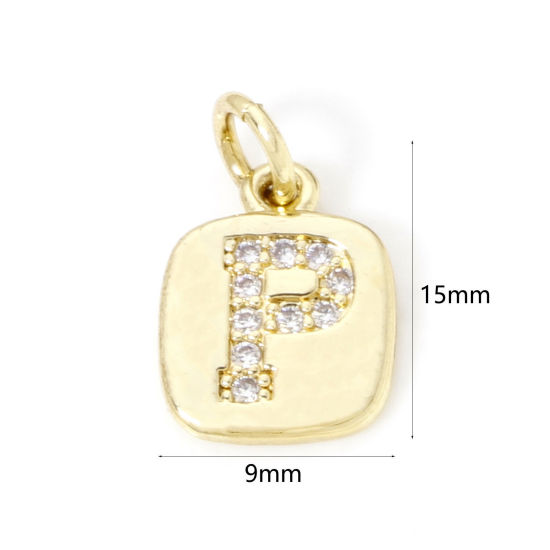 Image de 2 Pcs Breloques en Laiton Respectueux de la Nature Carré Plaqué Or Véritable 18K Alphabet Initial/ Lettre Majuscule Mots" P " Micro Pave à Zircone Cubique Clair 15mm x 9mm