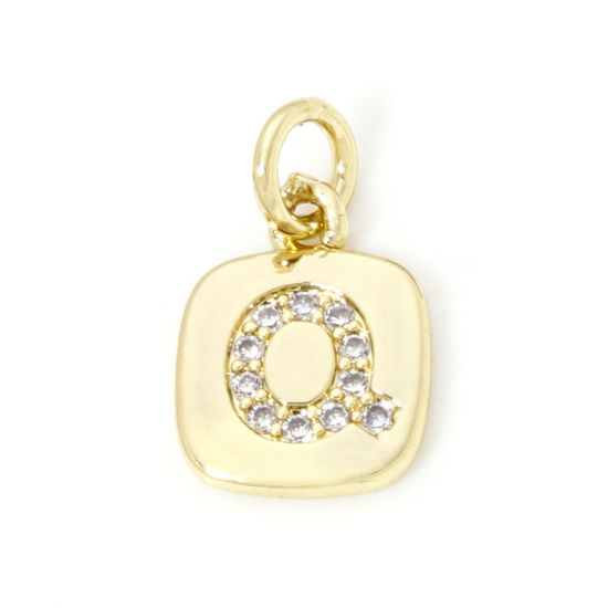 Image de 2 Pcs Breloques en Laiton Respectueux de la Nature Carré Plaqué Or Véritable 18K Alphabet Initial/ Lettre Majuscule Mots" Q " Micro Pave à Zircone Cubique Clair 15mm x 9mm