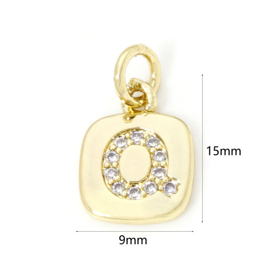 Image de 2 Pcs Breloques en Laiton Respectueux de la Nature Carré Plaqué Or Véritable 18K Alphabet Initial/ Lettre Majuscule Mots" Q " Micro Pave à Zircone Cubique Clair 15mm x 9mm
