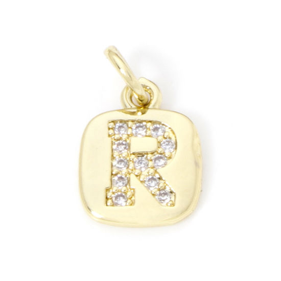 Image de 2 Pcs Breloques en Laiton Respectueux de la Nature Carré Plaqué Or Véritable 18K Alphabet Initial/ Lettre Majuscule Mots" R " Micro Pave à Zircone Cubique Clair 15mm x 9mm