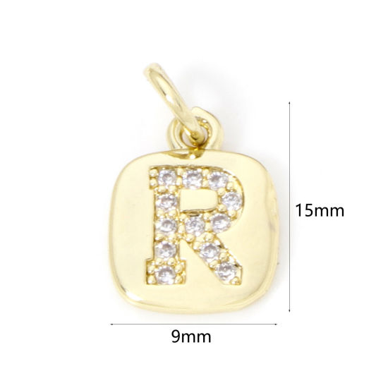 Image de 2 Pcs Breloques en Laiton Respectueux de la Nature Carré Plaqué Or Véritable 18K Alphabet Initial/ Lettre Majuscule Mots" R " Micro Pave à Zircone Cubique Clair 15mm x 9mm