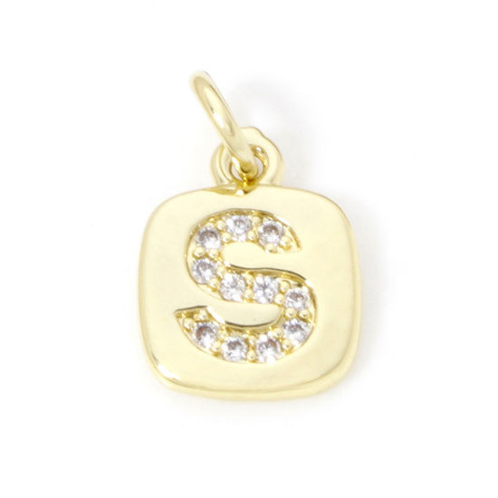 Image de 2 Pcs Breloques en Laiton Respectueux de la Nature Carré Plaqué Or Véritable 18K Alphabet Initial/ Lettre Majuscule Mots" S " Micro Pave à Zircone Cubique Clair 15mm x 9mm