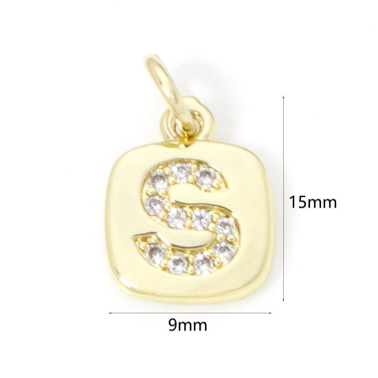 Image de 2 Pcs Breloques en Laiton Respectueux de la Nature Carré Plaqué Or Véritable 18K Alphabet Initial/ Lettre Majuscule Mots" S " Micro Pave à Zircone Cubique Clair 15mm x 9mm