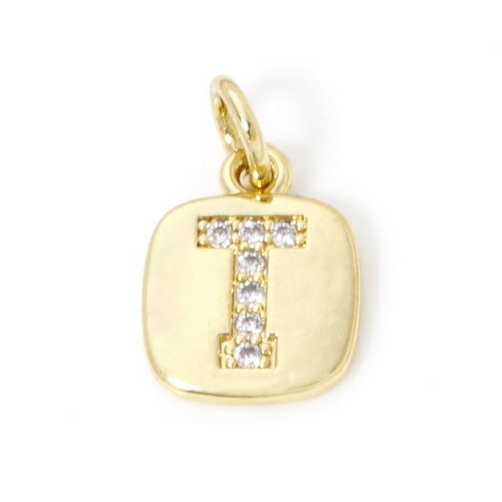 Image de 2 Pcs Breloques en Laiton Respectueux de la Nature Carré Plaqué Or Véritable 18K Alphabet Initial/ Lettre Majuscule Mots" T " Micro Pave à Zircone Cubique Clair 15mm x 9mm