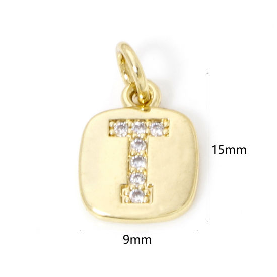 Image de 2 Pcs Breloques en Laiton Respectueux de la Nature Carré Plaqué Or Véritable 18K Alphabet Initial/ Lettre Majuscule Mots" T " Micro Pave à Zircone Cubique Clair 15mm x 9mm