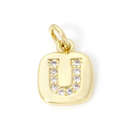 Image de 2 Pcs Breloques en Laiton Respectueux de la Nature Carré Plaqué Or Véritable 18K Alphabet Initial/ Lettre Majuscule Mots" U " Micro Pave à Zircone Cubique Clair 15mm x 9mm