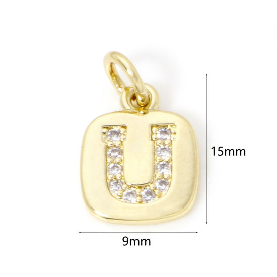 Image de 2 Pcs Breloques en Laiton Respectueux de la Nature Carré Plaqué Or Véritable 18K Alphabet Initial/ Lettre Majuscule Mots" U " Micro Pave à Zircone Cubique Clair 15mm x 9mm