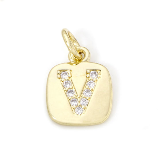Image de 2 Pcs Breloques en Laiton Respectueux de la Nature Carré Plaqué Or Véritable 18K Alphabet Initial/ Lettre Majuscule Mots" V " Micro Pave à Zircone Cubique Clair 15mm x 9mm