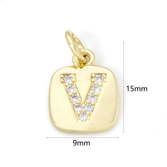 Image de 2 Pcs Breloques en Laiton Respectueux de la Nature Carré Plaqué Or Véritable 18K Alphabet Initial/ Lettre Majuscule Mots" V " Micro Pave à Zircone Cubique Clair 15mm x 9mm