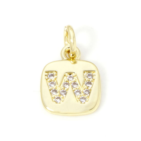 Image de 2 Pcs Breloques en Laiton Respectueux de la Nature Carré Plaqué Or Véritable 18K Alphabet Initial/ Lettre Majuscule Mots" W " Micro Pave à Zircone Cubique Clair 15mm x 9mm