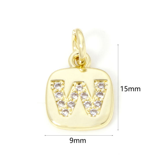 Image de 2 Pcs Breloques en Laiton Respectueux de la Nature Carré Plaqué Or Véritable 18K Alphabet Initial/ Lettre Majuscule Mots" W " Micro Pave à Zircone Cubique Clair 15mm x 9mm