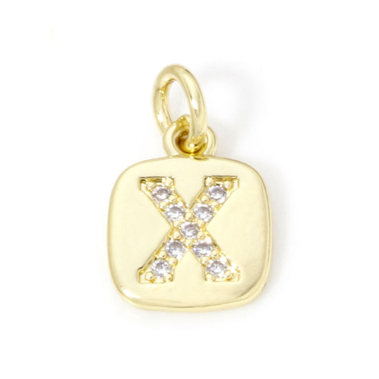 Image de 2 Pcs Breloques en Laiton Respectueux de la Nature Carré Plaqué Or Véritable 18K Alphabet Initial/ Lettre Majuscule Mots" X " Micro Pave à Zircone Cubique Clair 15mm x 9mm