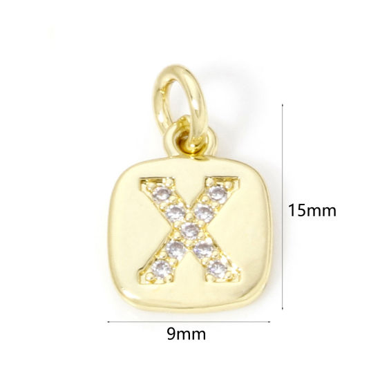 Image de 2 Pcs Breloques en Laiton Respectueux de la Nature Carré Plaqué Or Véritable 18K Alphabet Initial/ Lettre Majuscule Mots" X " Micro Pave à Zircone Cubique Clair 15mm x 9mm