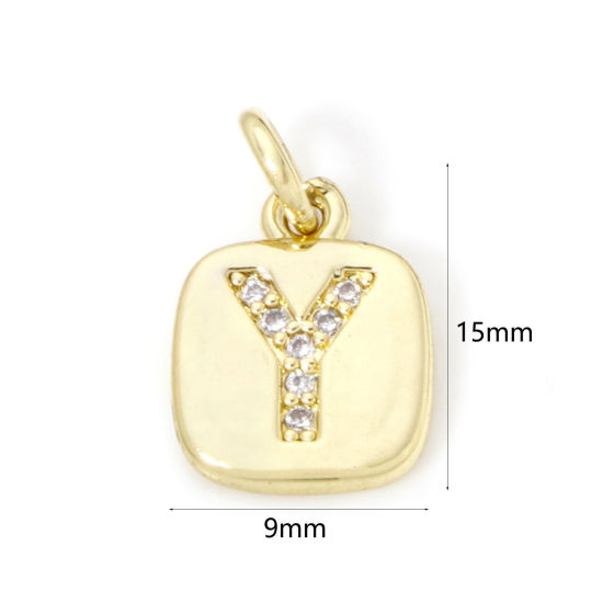 Image de 2 Pcs Breloques en Laiton Respectueux de la Nature Carré Plaqué Or Véritable 18K Alphabet Initial/ Lettre Majuscule Mots" Y " Micro Pave à Zircone Cubique Clair 15mm x 9mm