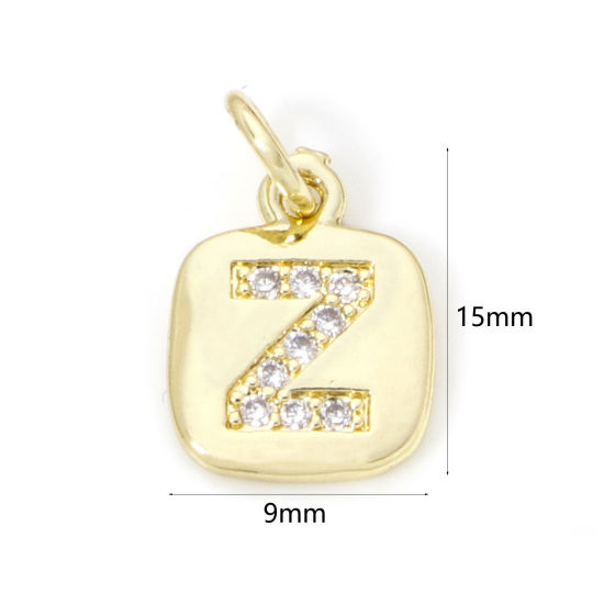 Image de 2 Pcs Breloques en Laiton Respectueux de la Nature Carré Plaqué Or Véritable 18K Alphabet Initial/ Lettre Majuscule Mots" Z " Micro Pave à Zircone Cubique Clair 15mm x 9mm