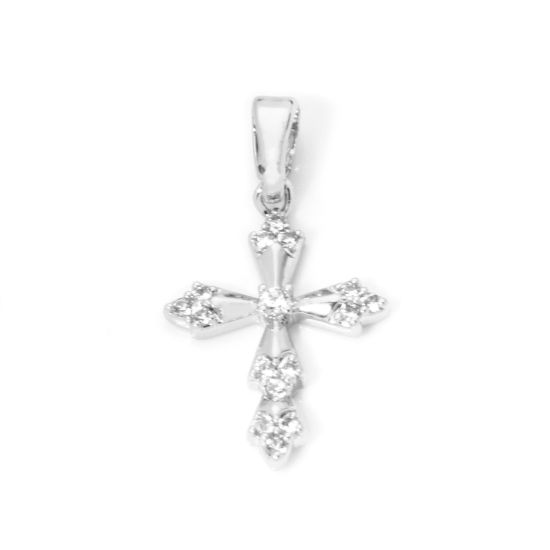 Picture of 2 PCs Brass Religious Charm Pendant Real Platinum Plated Cross Clear Cubic Zirconia 23mm x 13mm